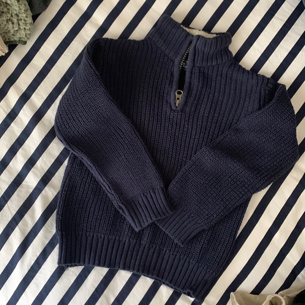 Toddler Boys Navy Blue Quarter-Zip Sweater. Faux Sherpa lined collar. Size 2T